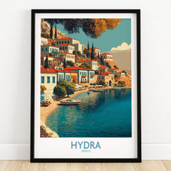 Hydra Greece Canvas Print | Mediterranean Seaside Town Poster showcasing Hydra's colorful waterfront and boats.