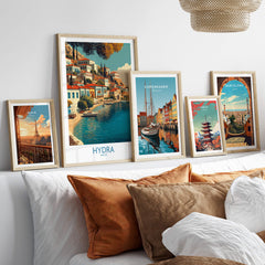 Hydra Greece Canvas Print | Mediterranean Seaside Town Poster displayed in a stylish home setting with decorative pillows.
