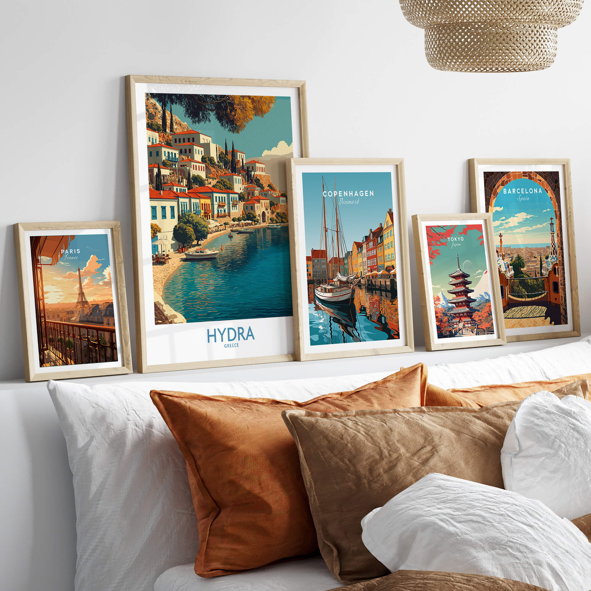 Hydra Greece Canvas Print | Mediterranean Seaside Town Poster displayed in a stylish home setting with decorative pillows.