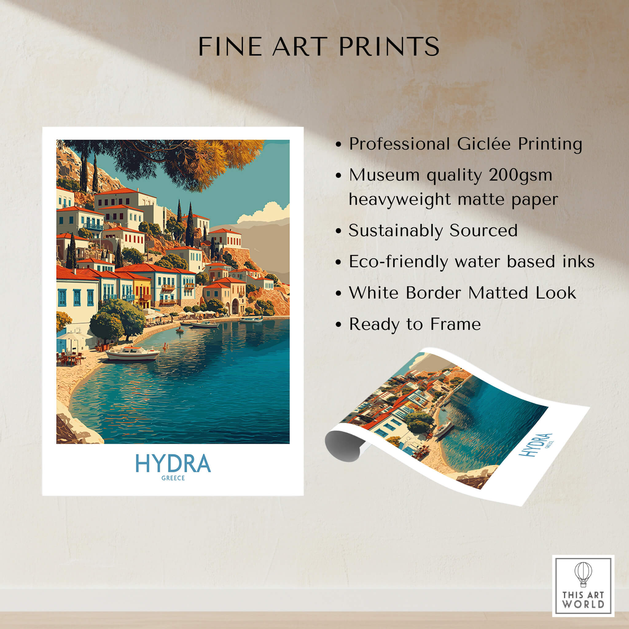 Hydra Greece Canvas Print | Mediterranean Seaside Town Poster featuring colorful waterfront buildings and serene waters.
