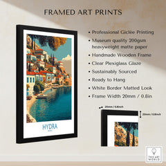 Hydra Greece Canvas Print | Mediterranean Seaside Town Poster showcasing framed art with vibrant colors and scenic seaside view.