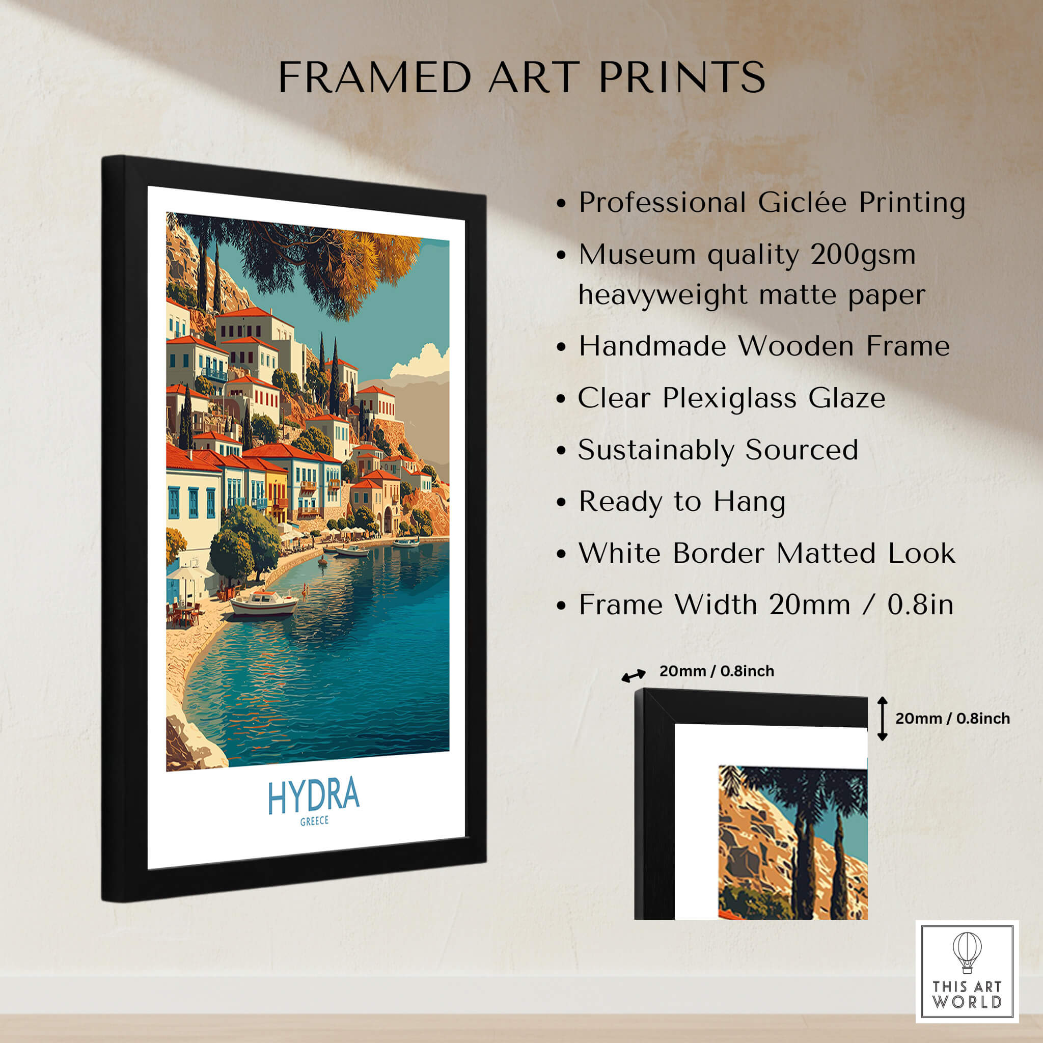 Hydra Greece Canvas Print | Mediterranean Seaside Town Poster showcasing framed art with vibrant colors and scenic seaside view.