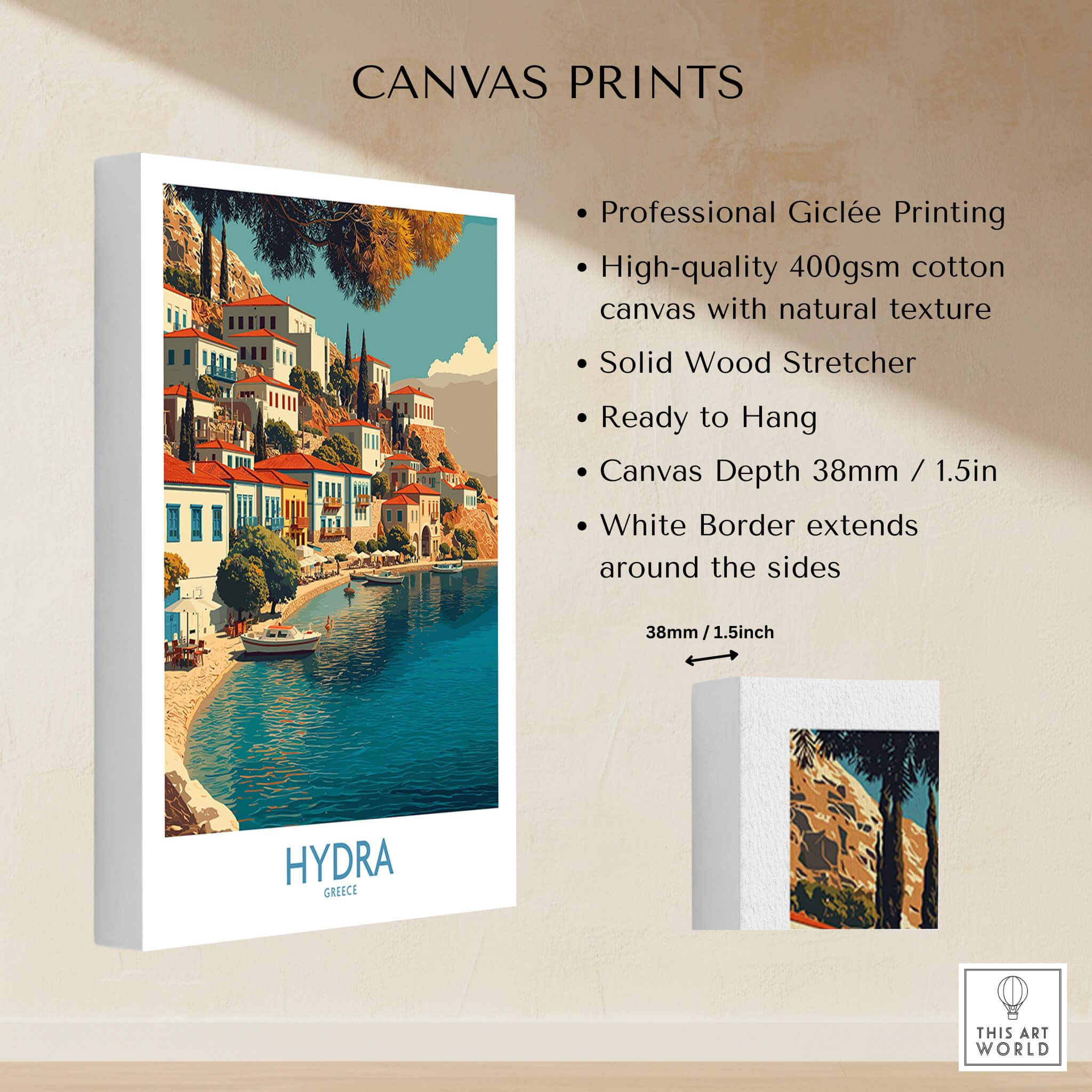 Hydra Greece Canvas Print | Mediterranean Seaside Town Poster showcasing professional Giclée printing and stunning waterfront view.