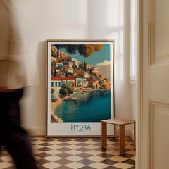 Hydra Greece Canvas Print | Mediterranean Seaside Town Poster featuring a vibrant coastal scene with boats and colorful buildings.