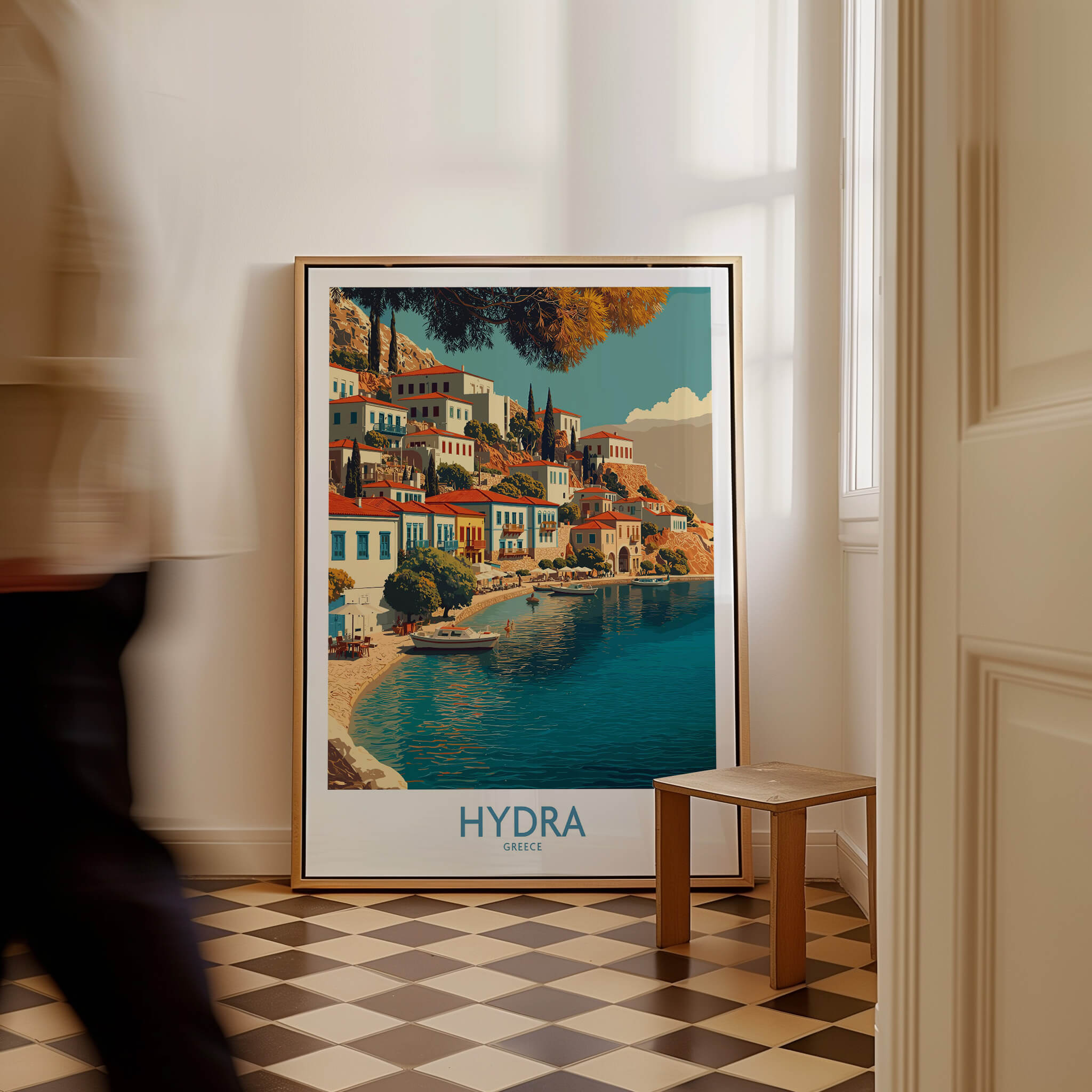 Hydra Greece Canvas Print | Mediterranean Seaside Town Poster featuring a vibrant coastal scene with boats and colorful buildings.