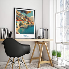 Hydra Greece Canvas Print | Mediterranean Seaside Town Poster showcased in a stylish home office setting.