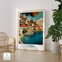 Hydra Greece Canvas Print | Mediterranean Seaside Town Poster showcasing vibrant waterfront buildings and serene waters.