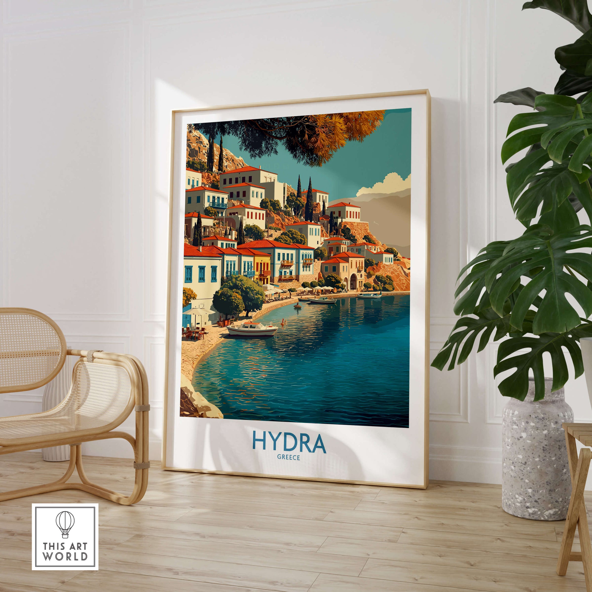 Hydra Greece Canvas Print | Mediterranean Seaside Town Poster showcasing vibrant waterfront buildings and serene waters.