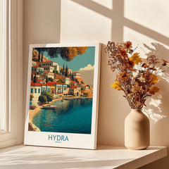 Hydra Greece Canvas Print | Mediterranean Seaside Town Poster displayed on a windowsill with dried flowers.