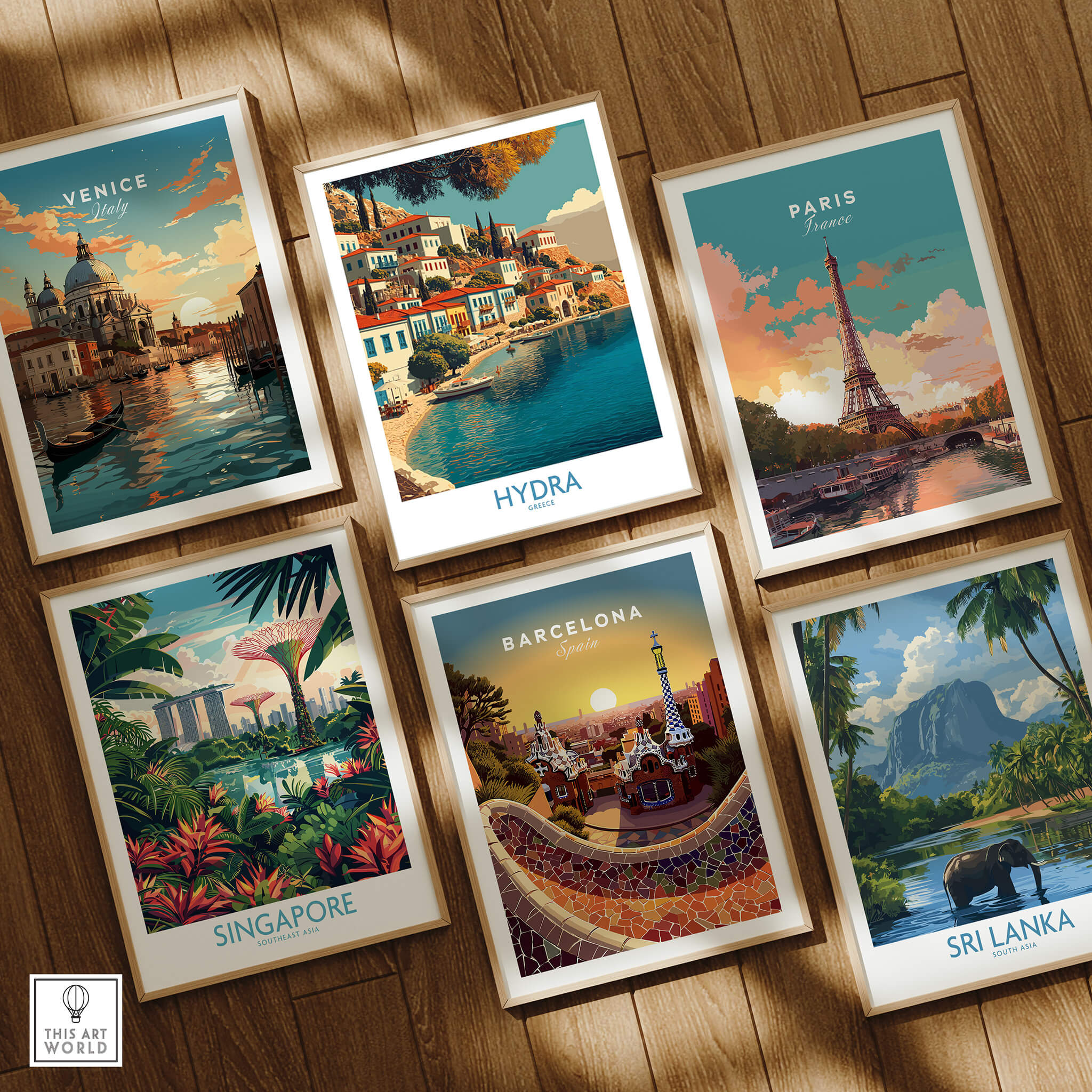 Hydra Greece Canvas Print | Mediterranean Seaside Town Poster displayed among other travel-themed prints.