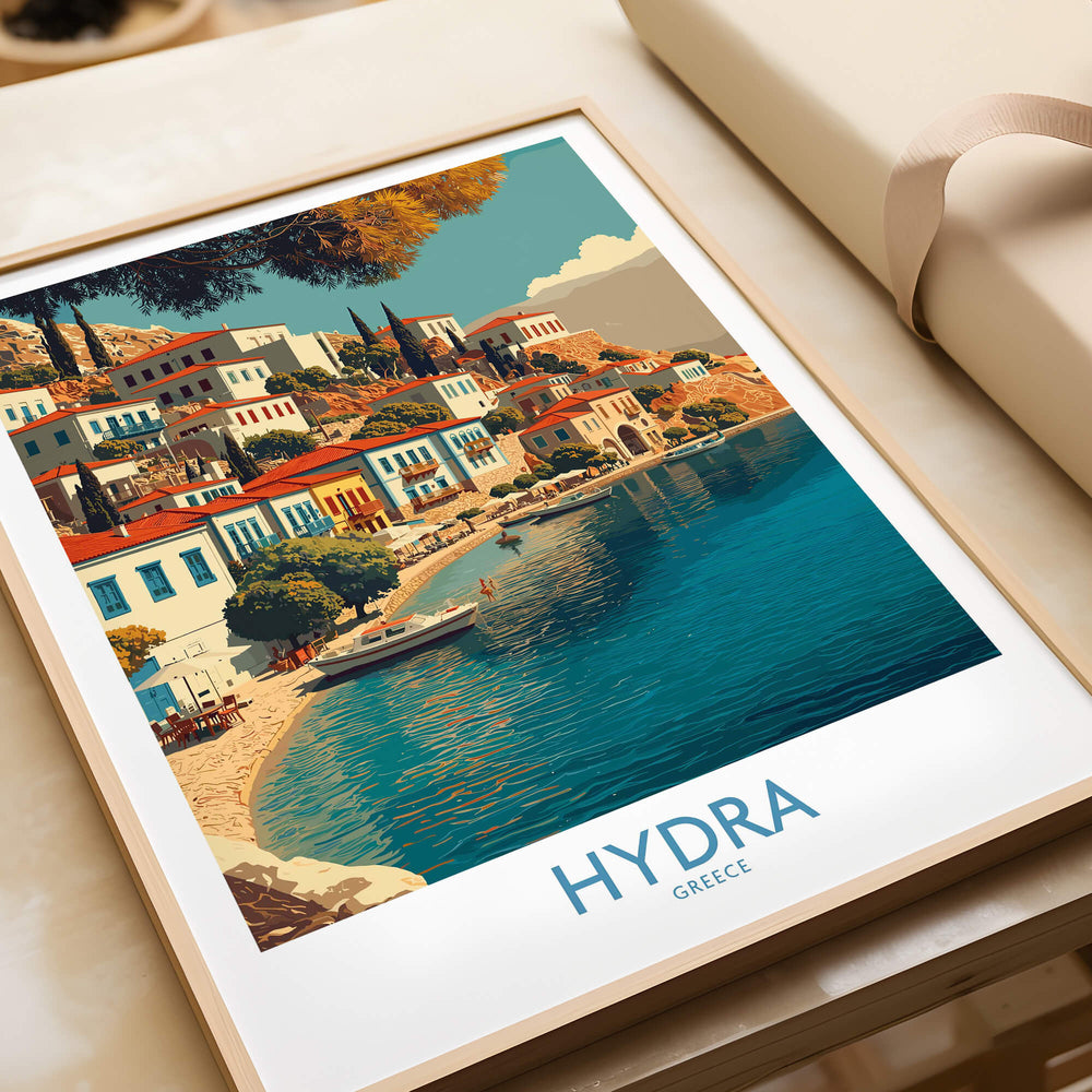 Hydra Greece Canvas Print | Mediterranean Seaside Town Poster featuring vibrant waterfront scene.