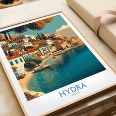 Hydra Greece Canvas Print | Mediterranean Seaside Town Poster featuring vibrant waterfront scene.