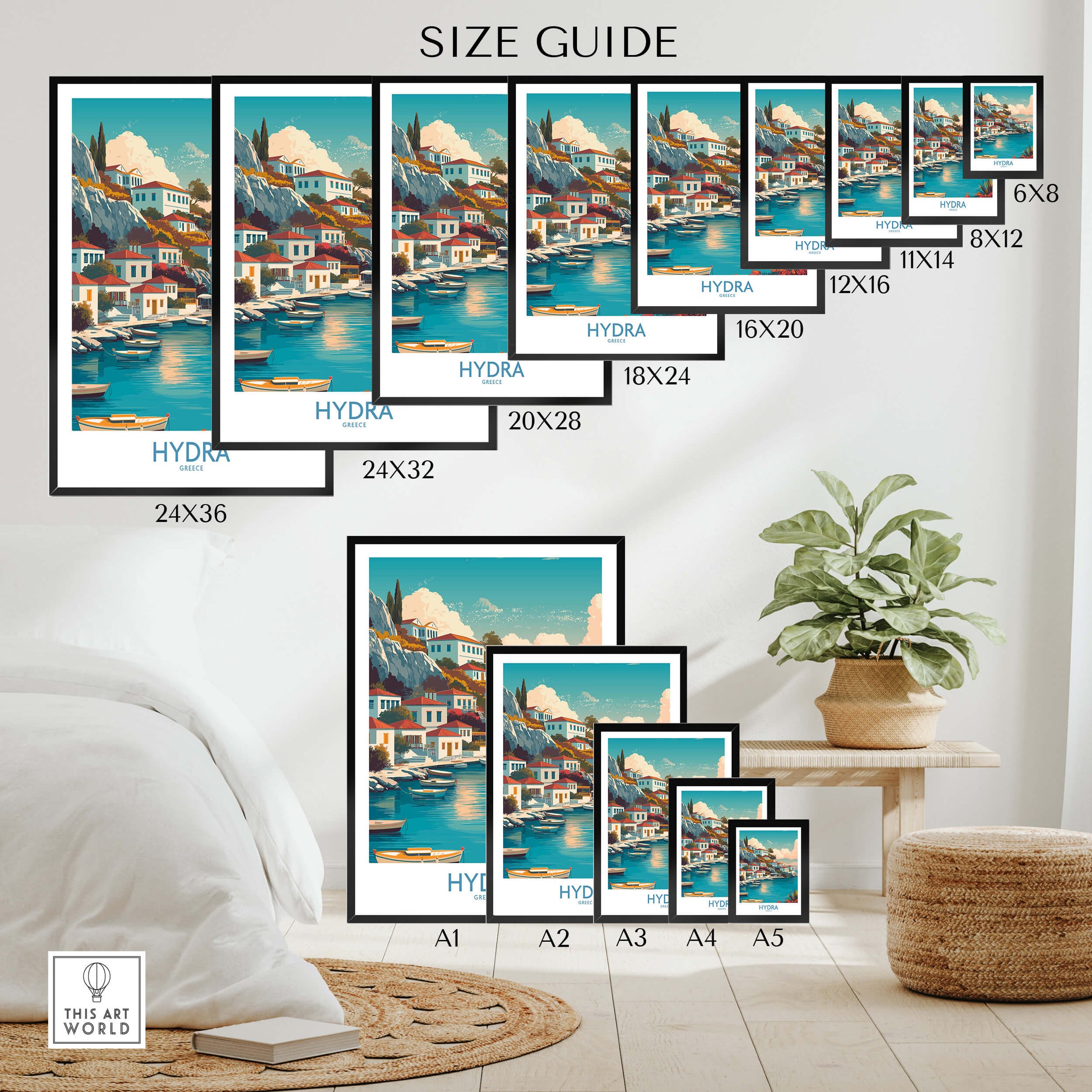 Hydra Greece Canvas Print | Blue Sea & White Architecture Poster size guide with framed print options