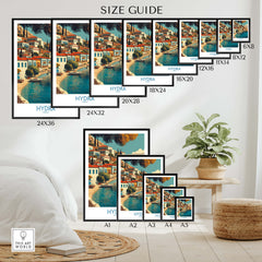Hydra Greece Canvas Print | Mediterranean Seaside Town Poster size guide featuring various dimensions and arrangement.