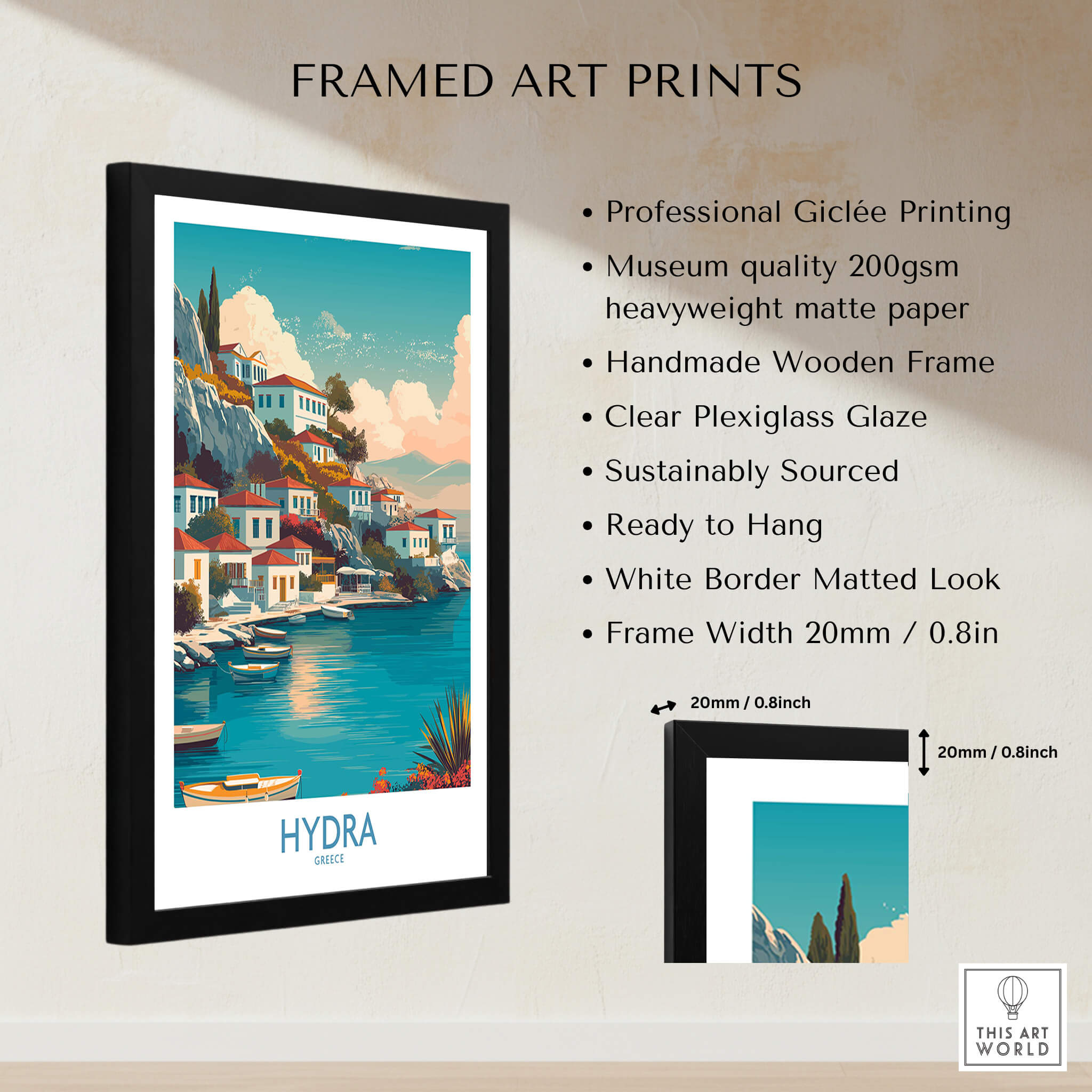 Hydra Greece Canvas Print | Blue Sea & White Architecture Poster framed art print with museum quality materials