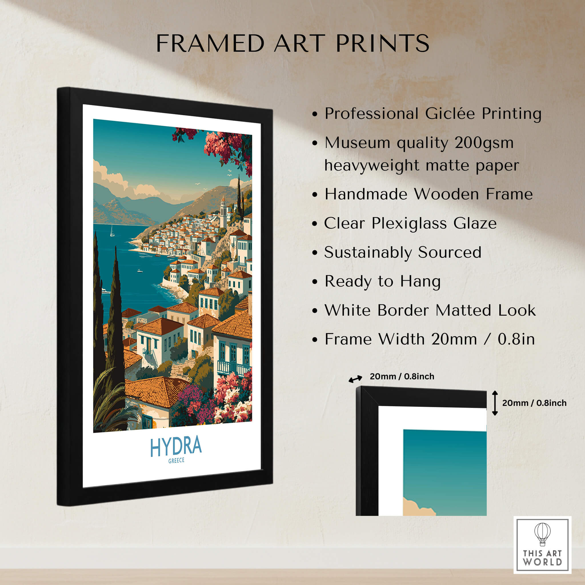 Hydra Greece Poster | Greek Island View Canvas Print framed art print with museum quality and handmade frame