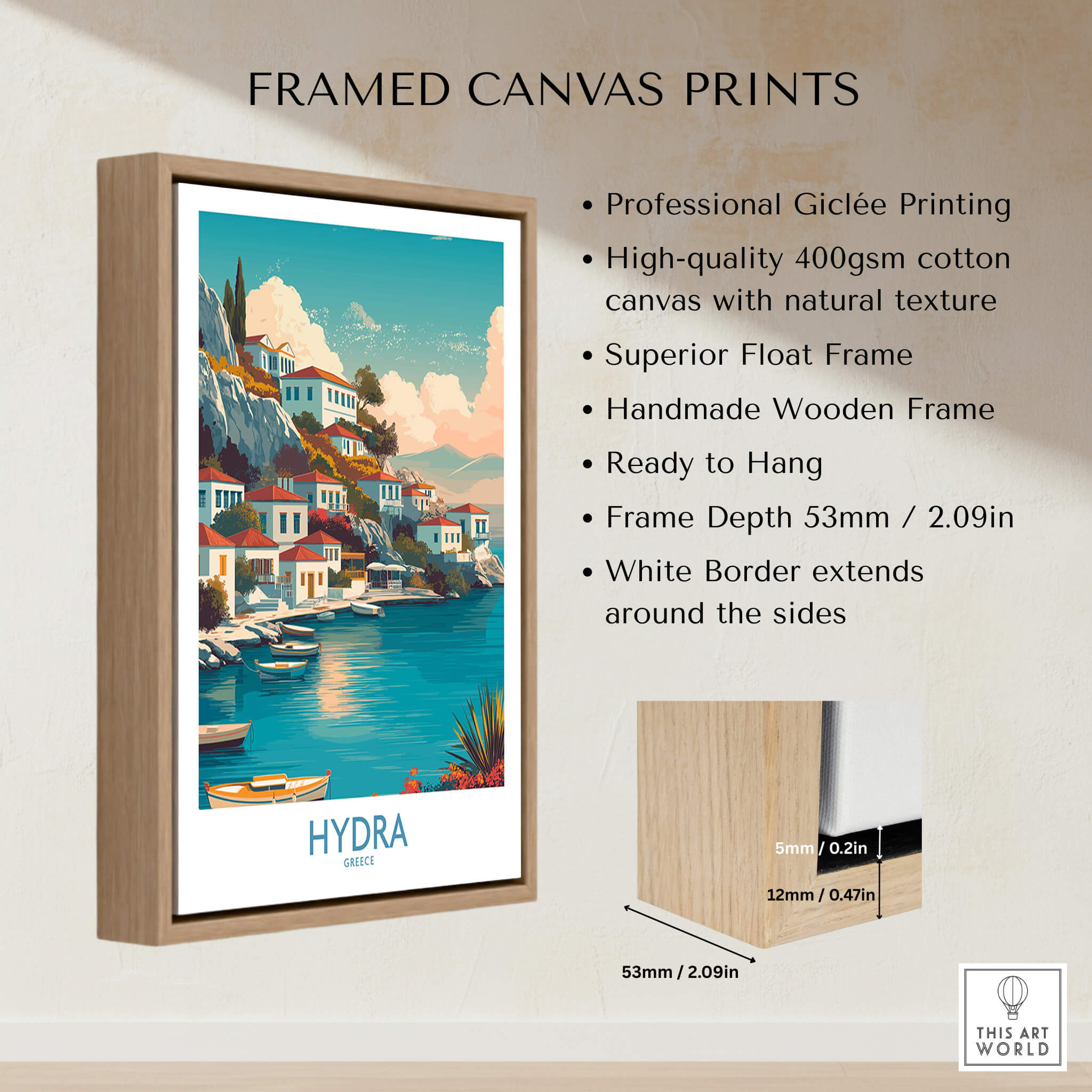 Hydra Greece Canvas Print | Blue Sea & White Architecture Poster framed with a wooden frame and white border.