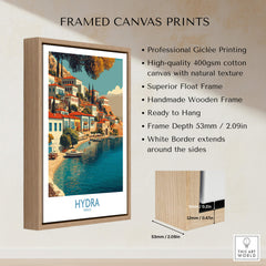 Hydra Greece Canvas Print | Mediterranean Seaside Town Poster framed with a wooden frame and high-quality Giclée printing.