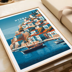 Hydra Greece Wall Art Print | Historic Port & Harbor Travel Poster featuring scenic harbor with traditional fishing boats.