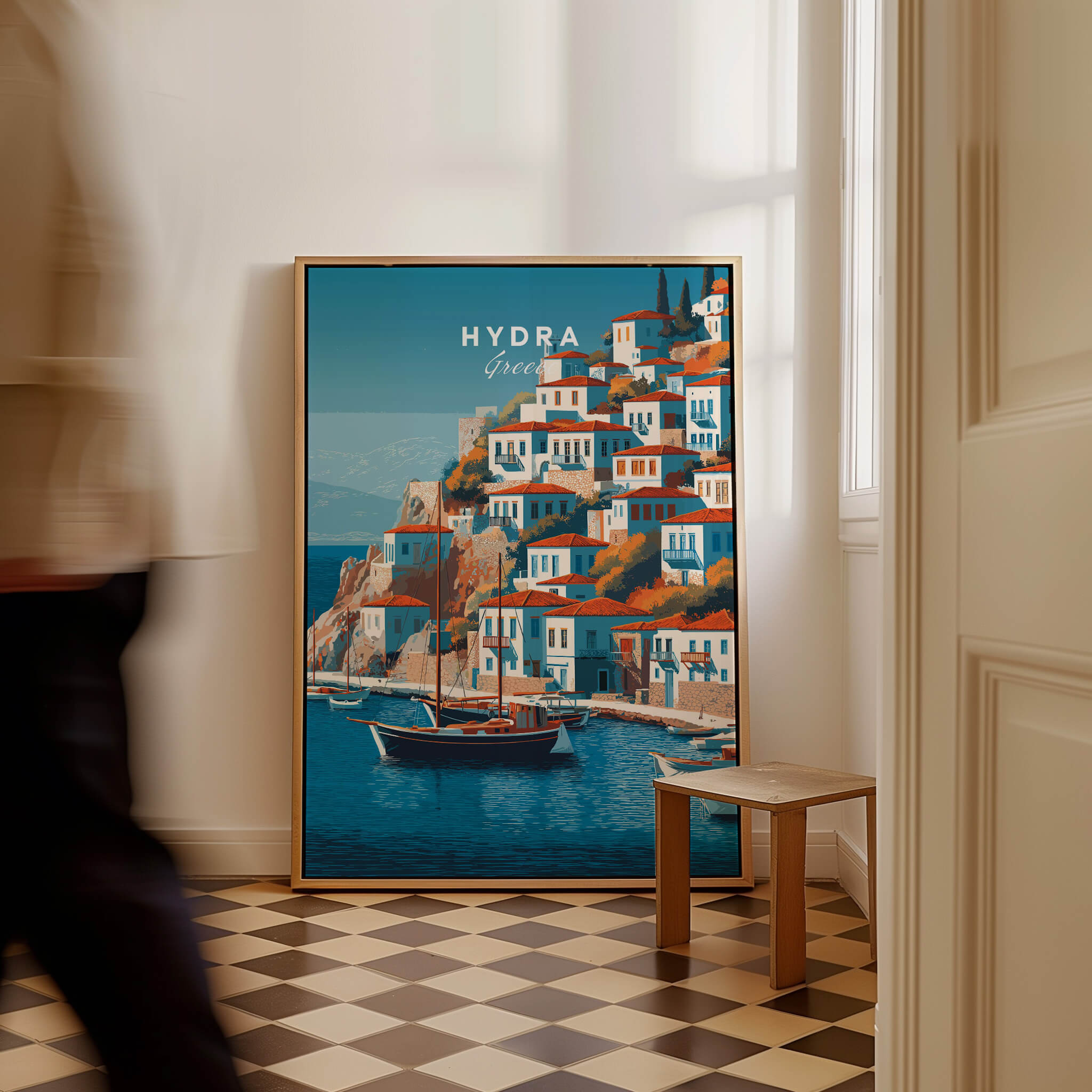 Hydra Greece Wall Art Print | Historic Port & Harbor Travel Poster displayed in a stylish interior setting.
