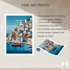 Hydra Greece Wall Art Print | Historic Port & Harbor Travel Poster showcasing professional Giclée printing and vibrant colors.