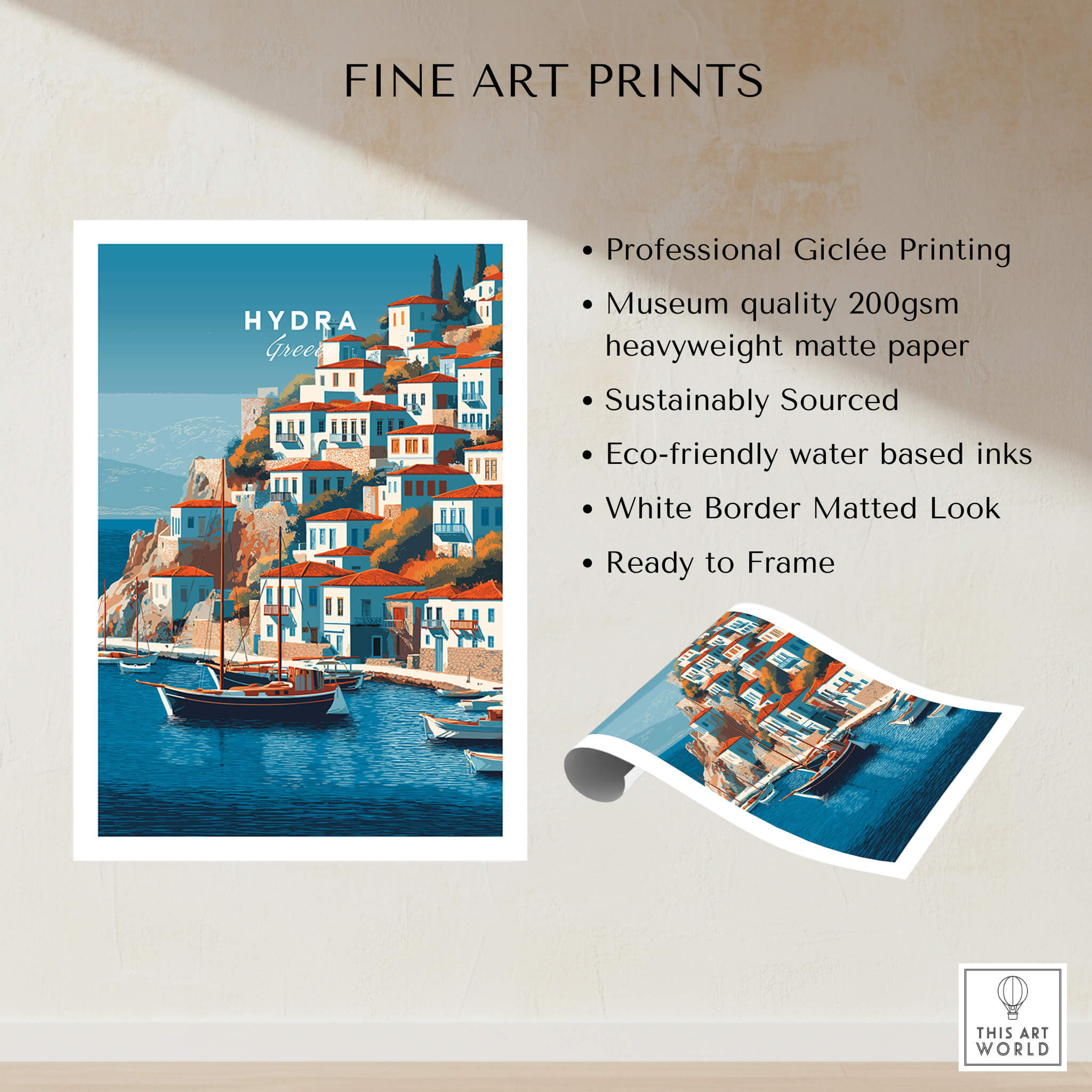 Hydra Greece Wall Art Print | Historic Port & Harbor Travel Poster showcasing professional Giclée printing and vibrant colors.