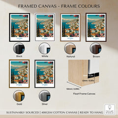 Hydra Greece Poster | Greek Island View Canvas Print showing frame options in various colors.