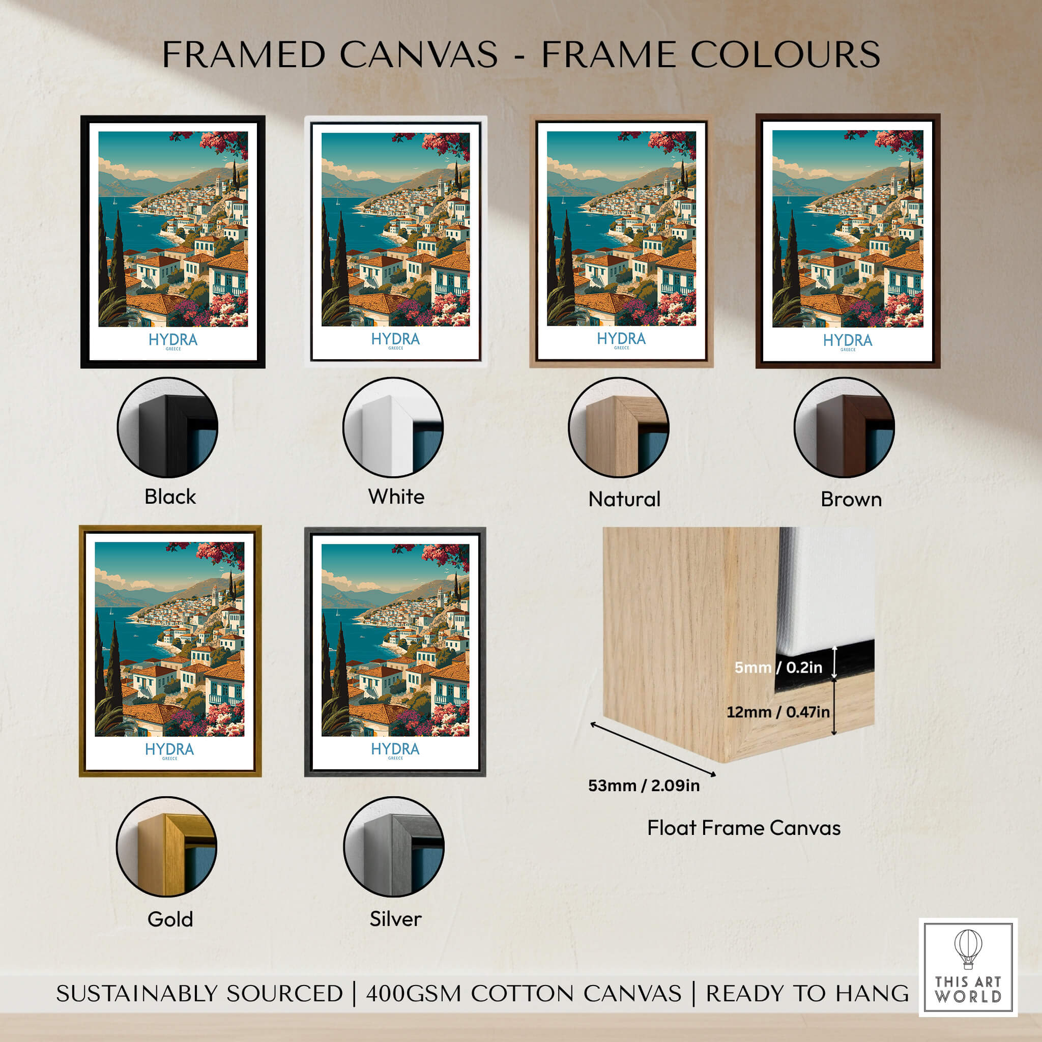 Hydra Greece Poster | Greek Island View Canvas Print showing frame options in various colors.