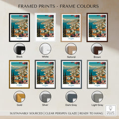 Hydra Greece Poster | Greek Island View Canvas Print framed in various colors including black, white, natural, and brown.