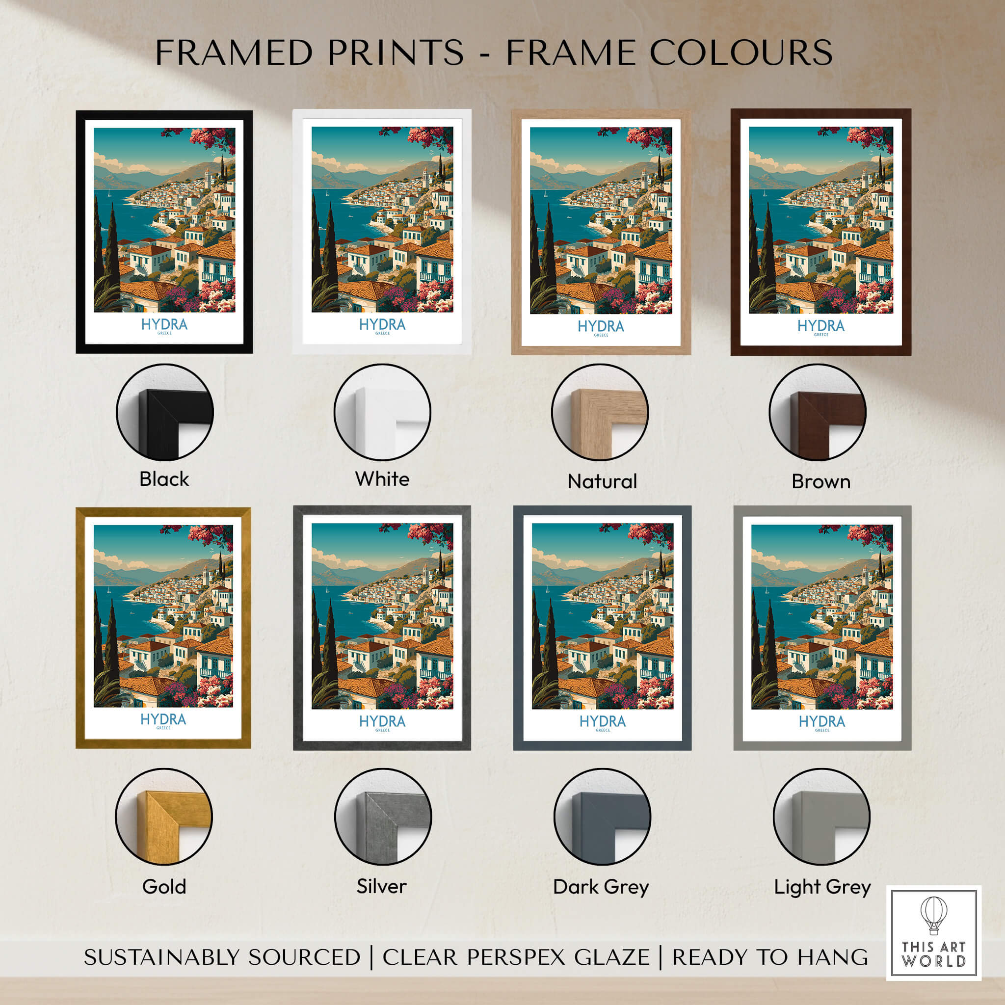 Hydra Greece Poster | Greek Island View Canvas Print framed in various colors including black, white, natural, and brown.