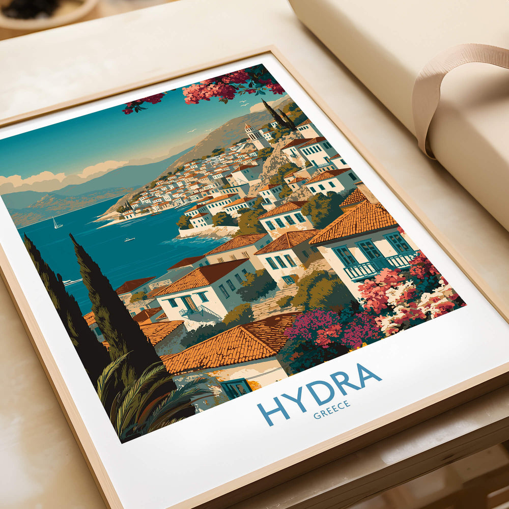 Hydra Greece Poster | Greek Island View Canvas Print featuring a scenic view of Hydra with vibrant colors and charming architecture.