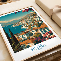 Hydra Greece Poster | Greek Island View Canvas Print featuring a scenic view of Hydra with vibrant colors and charming architecture.