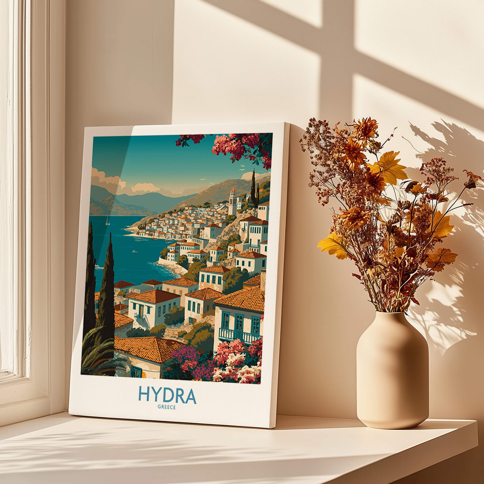 Hydra Greece Poster | Greek Island View Canvas Print showcasing a scenic view of Hydra's charming architecture and coastline.