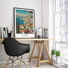 Hydra Greece Poster | Greek Island View Canvas Print displayed in a stylish modern workspace with natural light.