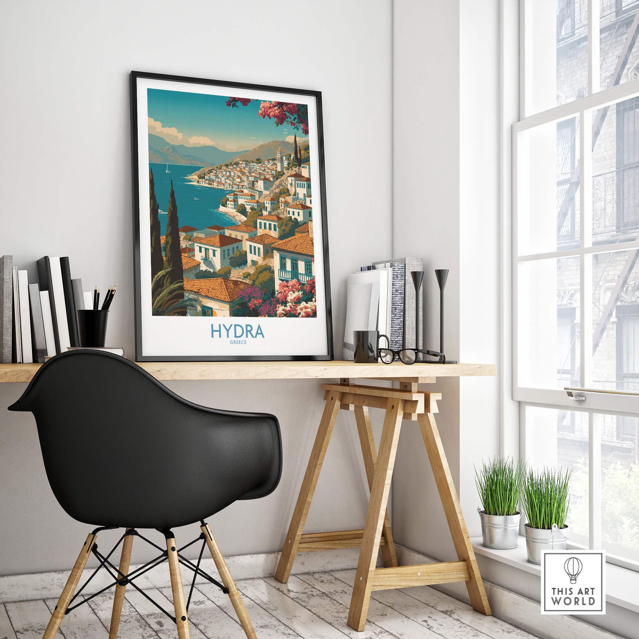 Hydra Greece Poster | Greek Island View Canvas Print displayed in a stylish modern workspace with natural light.