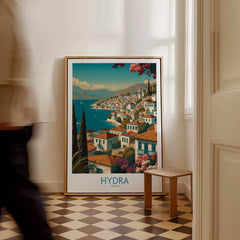 Hydra Greece Poster | Greek Island View Canvas Print displayed in a stylish interior setting with a classic design.