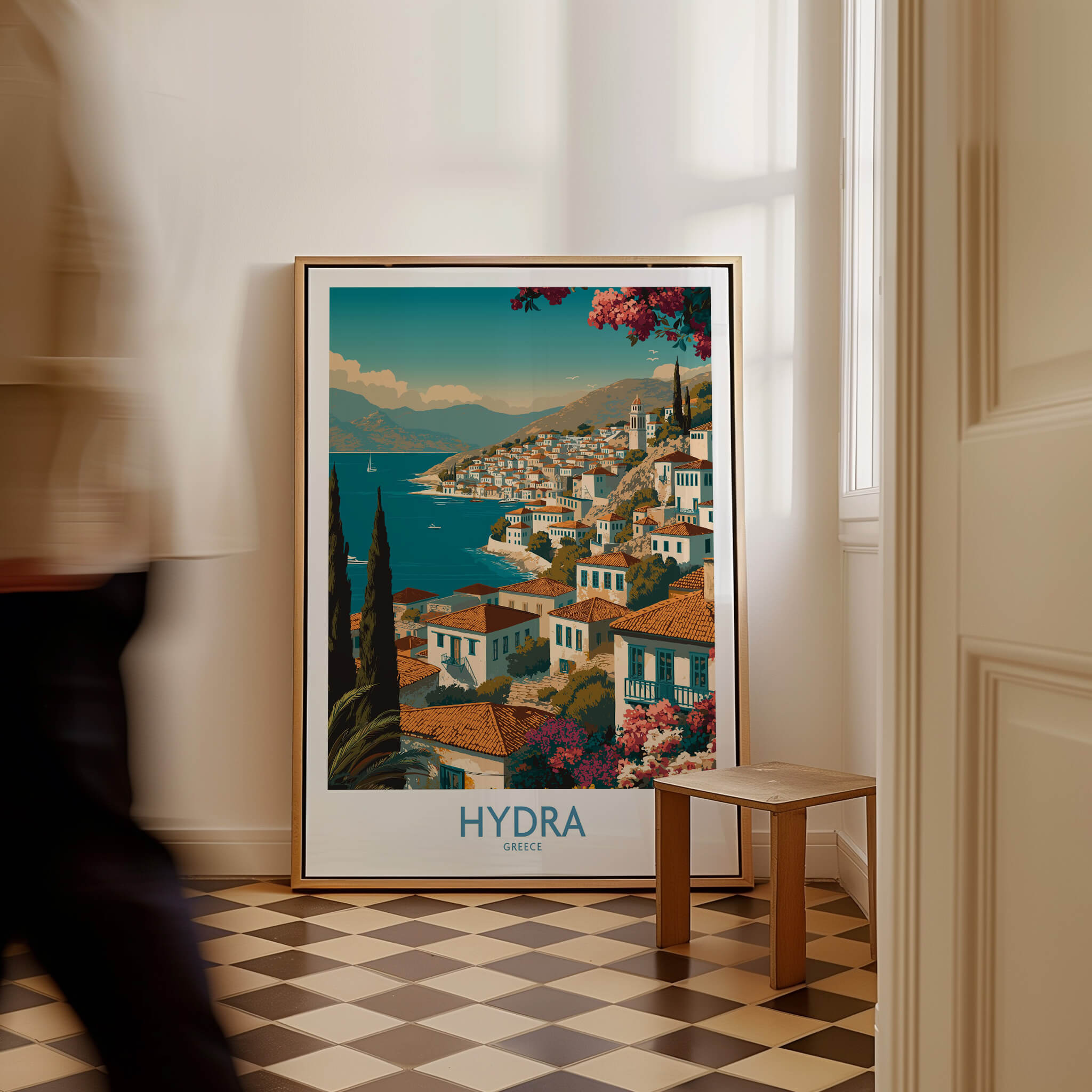 Hydra Greece Poster | Greek Island View Canvas Print displayed in a stylish interior setting with a classic design.