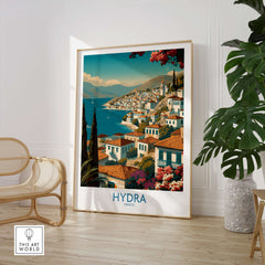 Hydra Greece Poster | Greek Island View Canvas Print displayed in a stylish home interior with a contemporary design.