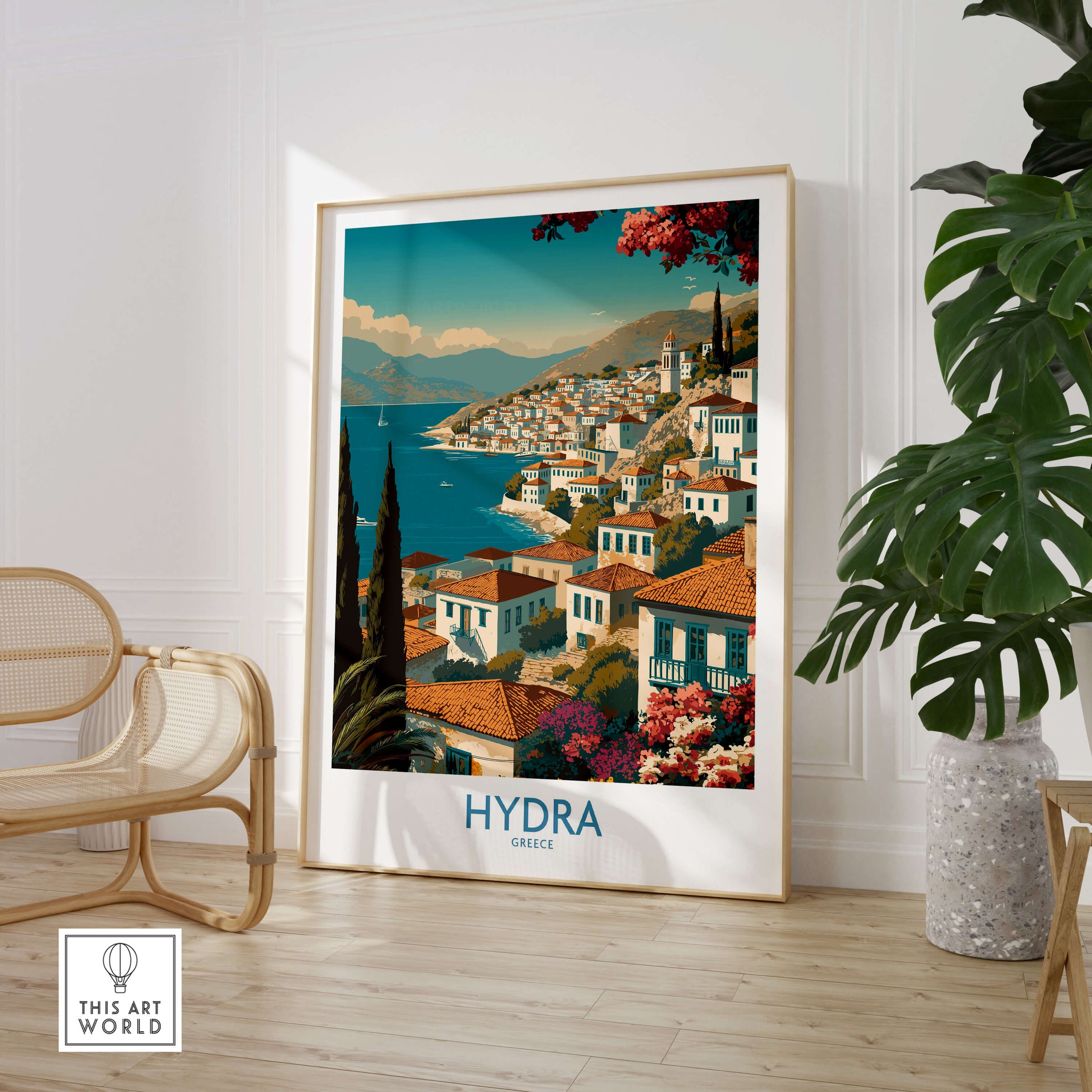 Hydra Greece Poster | Greek Island View Canvas Print displayed in a stylish home interior with a contemporary design.