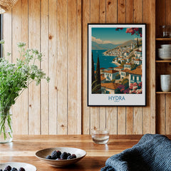Hydra Greece Poster | Greek Island View Canvas Print displayed in a cozy interior with rustic wooden walls.