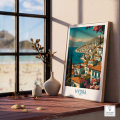 Hydra Greece Poster | Greek Island View Canvas Print displaying a scenic coastal view with charming architecture and flora.