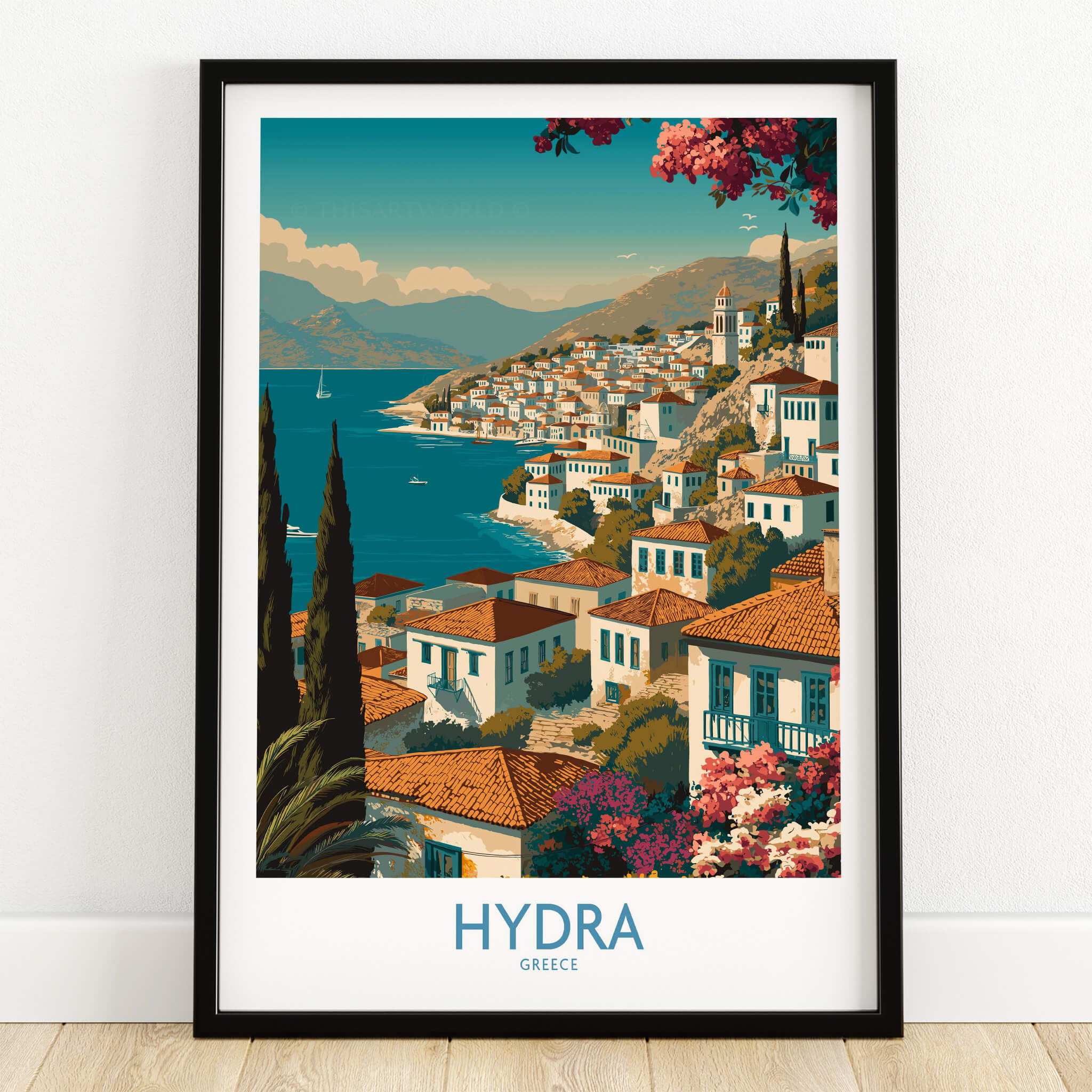 Hydra Greece Poster | Greek Island View Canvas Print showcasing the picturesque landscape of Hydra, Greece with white buildings and blue waters.