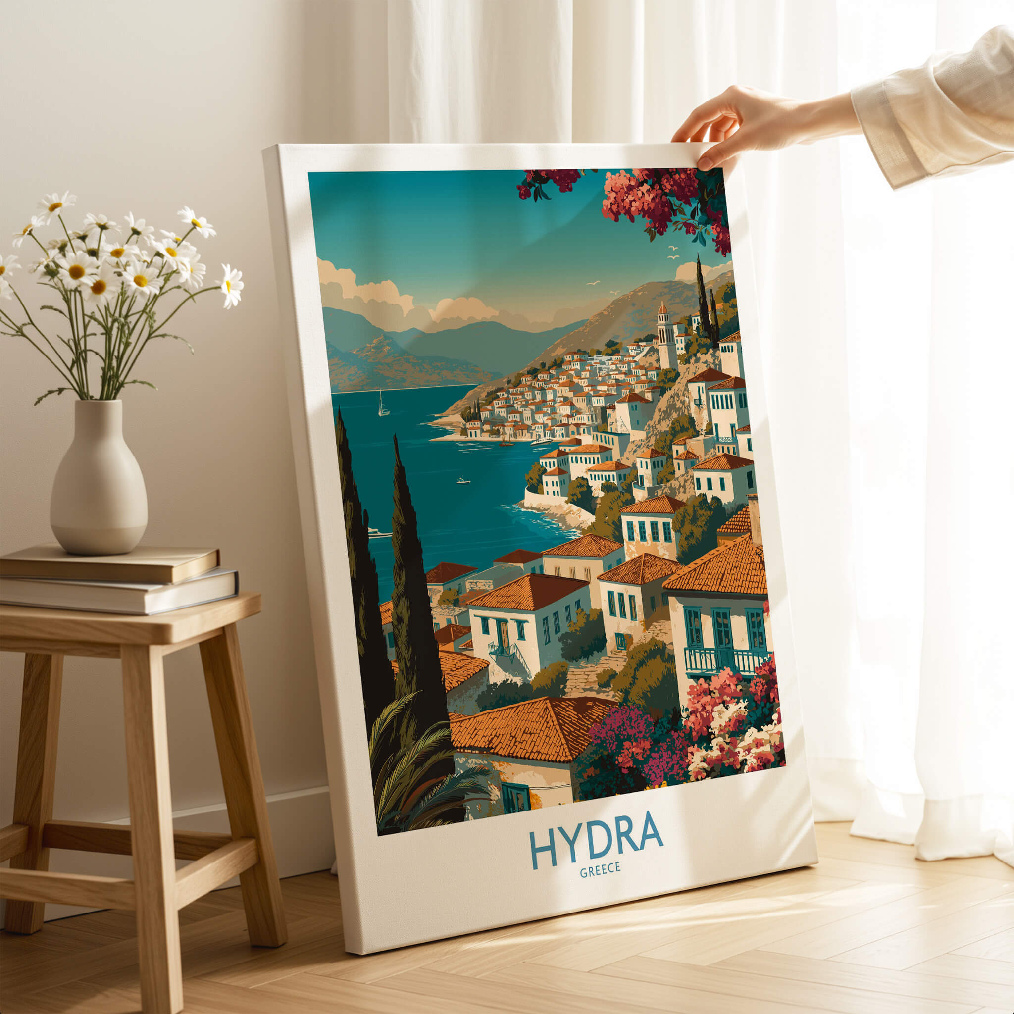 Hydra Greece Poster | Greek Island View Canvas Print showcased in a cozy interior setting.