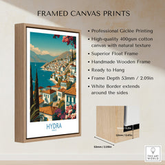 Hydra Greece Poster | Greek Island View Canvas Print framed in wooden float frame with natural texture and vibrant colors.