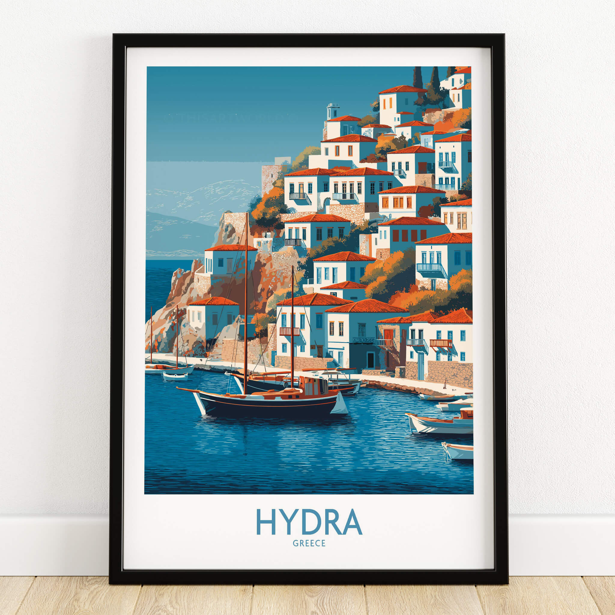 Hydra Greece Poster | Greek Island Village Scene Canvas Print depicting vibrant waterfront with boats and stone buildings.