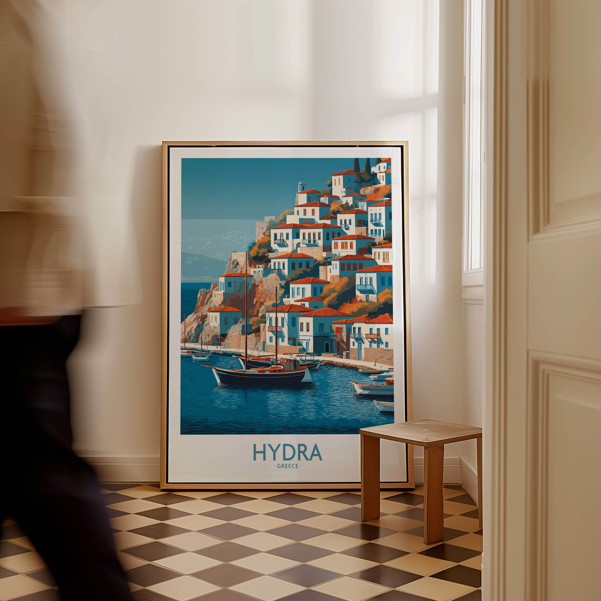 Hydra Greece Poster | Greek Island Village Scene Canvas Print featuring traditional waterfront architecture