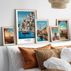 Hydra Greece Poster | Greek Island Village Scene Canvas Print displayed with other city posters on a stylish indoor setting.
