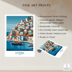 Hydra Greece Poster | Greek Island Village Scene Canvas Print showcasing vibrant waterfront art with professional Giclée printing.
