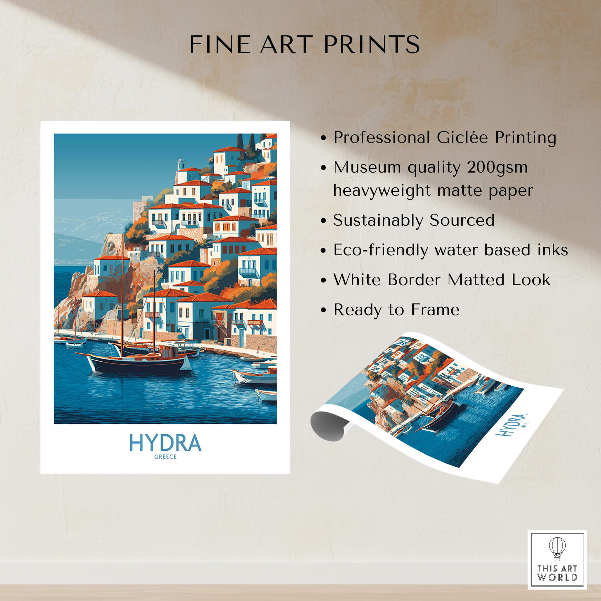 Hydra Greece Poster | Greek Island Village Scene Canvas Print showcasing vibrant waterfront art with professional Giclée printing.