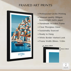 Hydra Greece Poster | Greek Island Village Scene Canvas Print framed art print showcasing charming waterfront and colorful buildings.